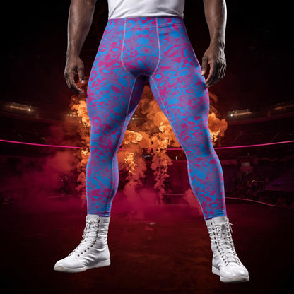 Man wearing blue and pink marbled leggings