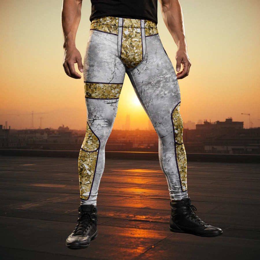 Person wearing a unique patterned leggings in silver and gold glitter with a cityscape background during sunset.