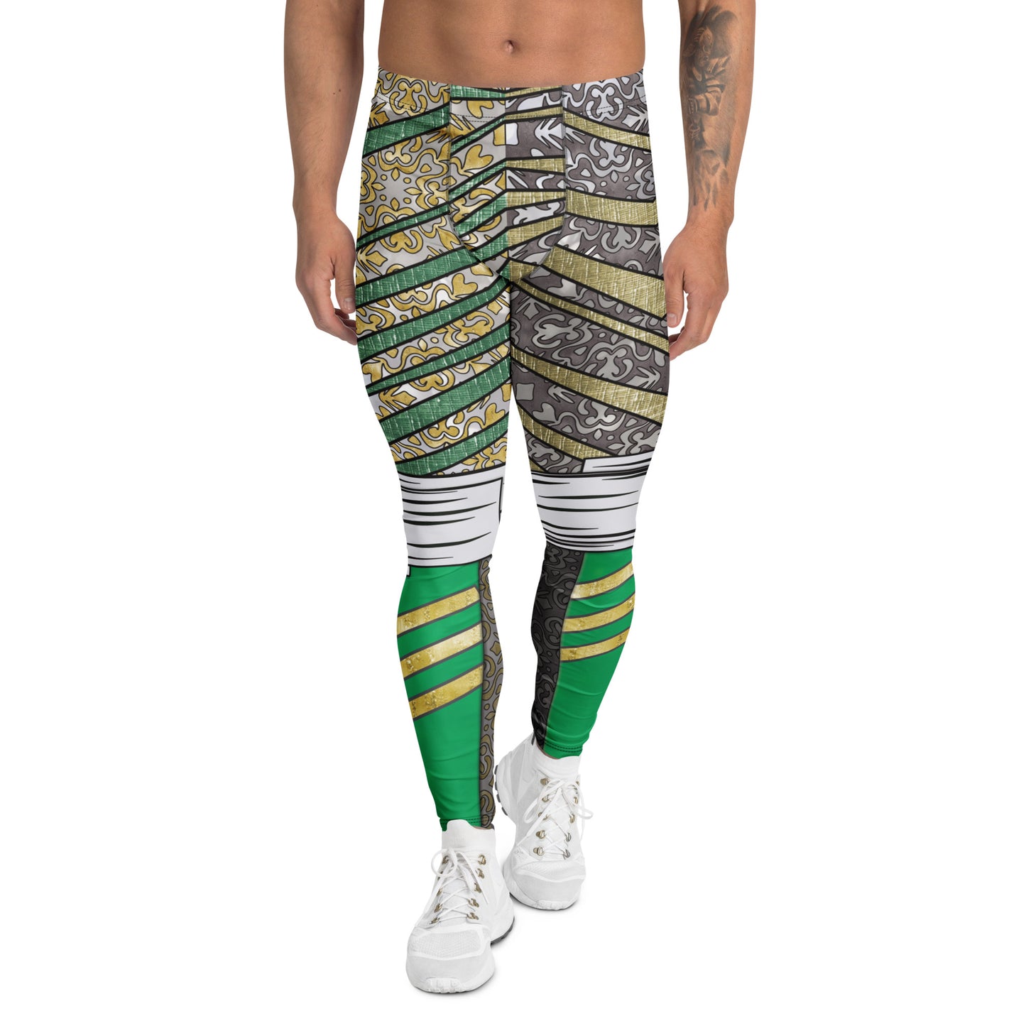 Pro wrestling tights in green, gold and silver in an ethnic striped design with built in boots and knee wrapping