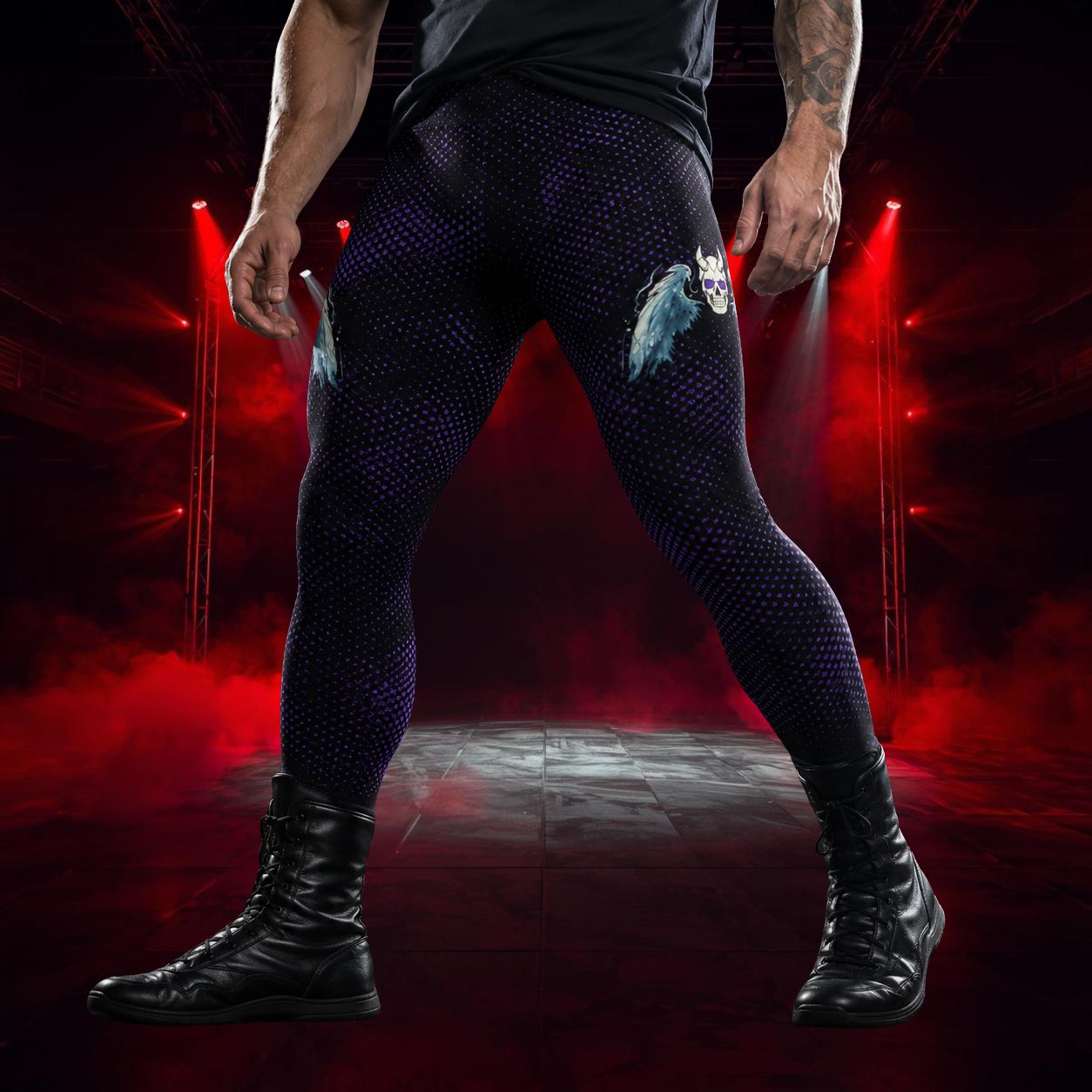 Man wearing black and purple patterned leggings with spooky skull and angel wings on the outside of each leg.