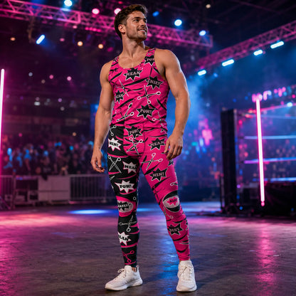 man standing in wrestling arena wearing pink and black tank top and pro wrestling tights with scissors, slashes and memes.