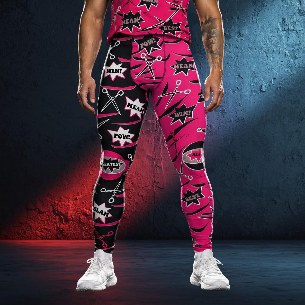 Person wearing bold pink and black patterned leggings with scissors, slashes and memes, with white sneakers against a dark background