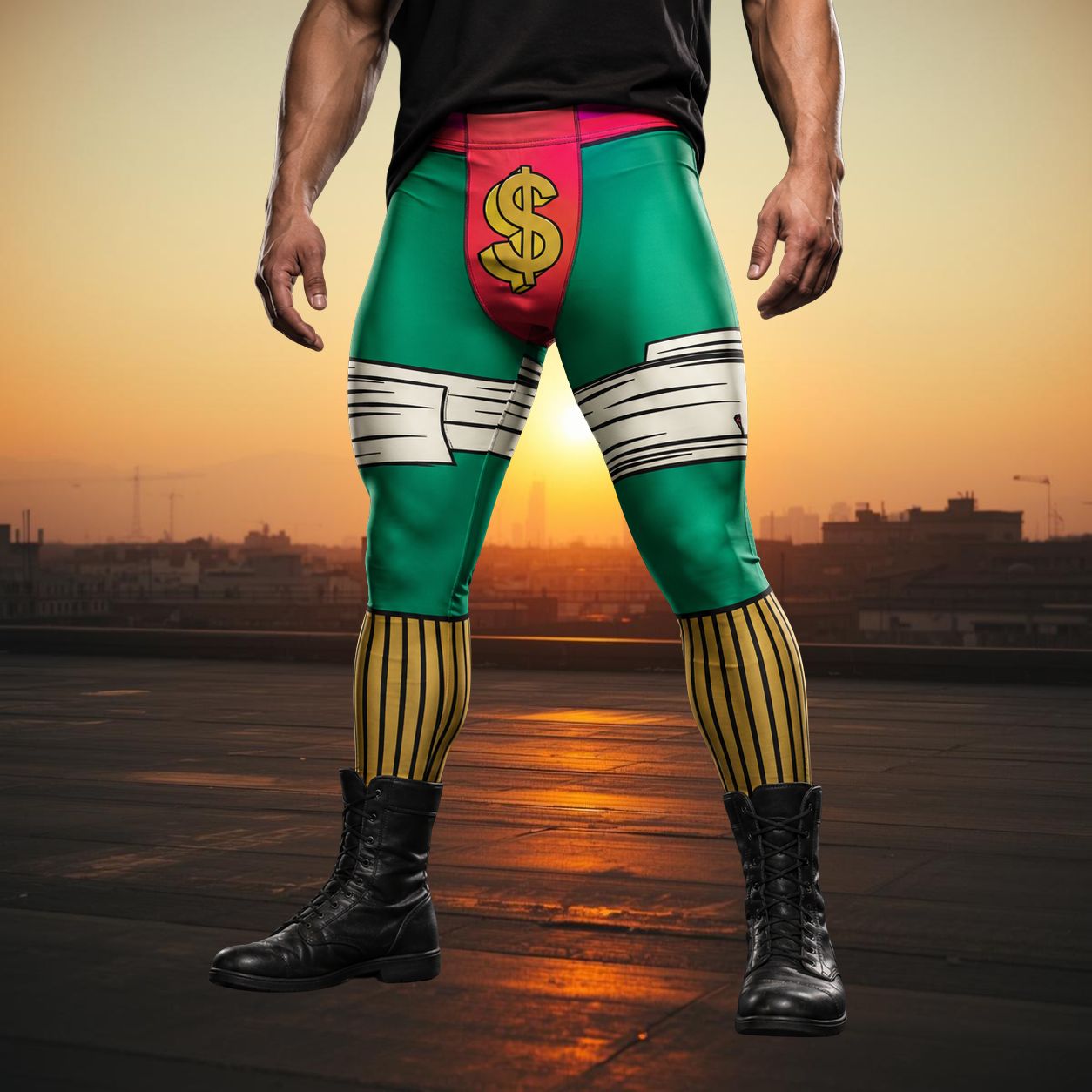 Person wearing colorful anime pants with a dollar sign design against an urban sunset backdrop om Mexico