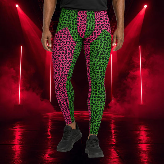 man wearing leggings in green and purple with leopard skin design