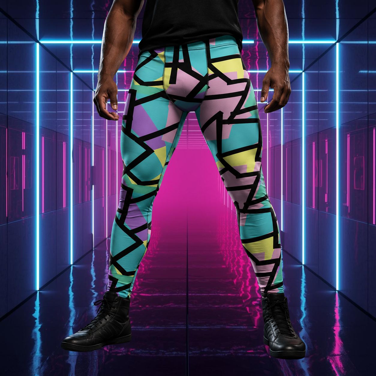 Man wearing pastel goth style leggings with geometric pastel shapes with black overlay