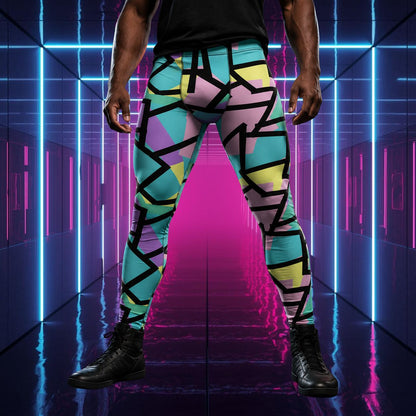 Man wearing pastel goth style leggings with geometric pastel shapes with black overlay