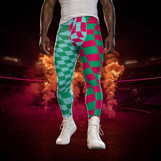 man wearing jester leggings in a pro-wrestling harlequin style in red, blue and green checks