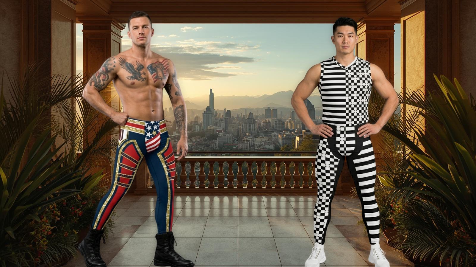 
                Two men in bold wrestling pants, one in patriotic wrestling tights and the other wearing a monochrome retro wrestling cosplay outfit
              