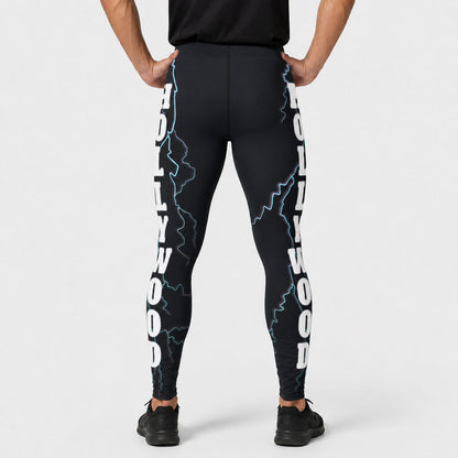 Black leggings with white text and blue lightning designs on a white background