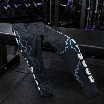 Black athletic pants with blue lightning designs on a gym bench. The slogan Hollywood is partially obscured on each side of the legs.