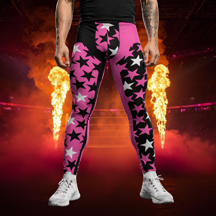 Person wearing pink and black star-patterned leggings with flames and smoke in the background