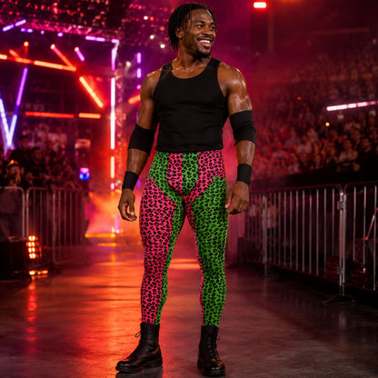 Person in black tank top and green and pink leopard print pants on a wrestling ring