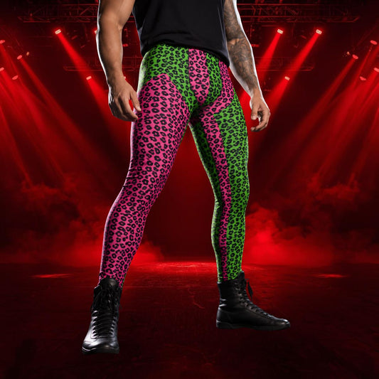 man wearing leggings in green and purple with leopard skin design
