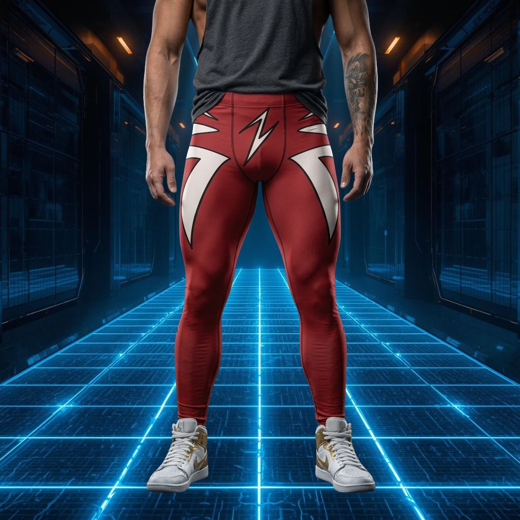 Person wearing red and white athletic leggings with a lightning bolt design in a futuristic setting.