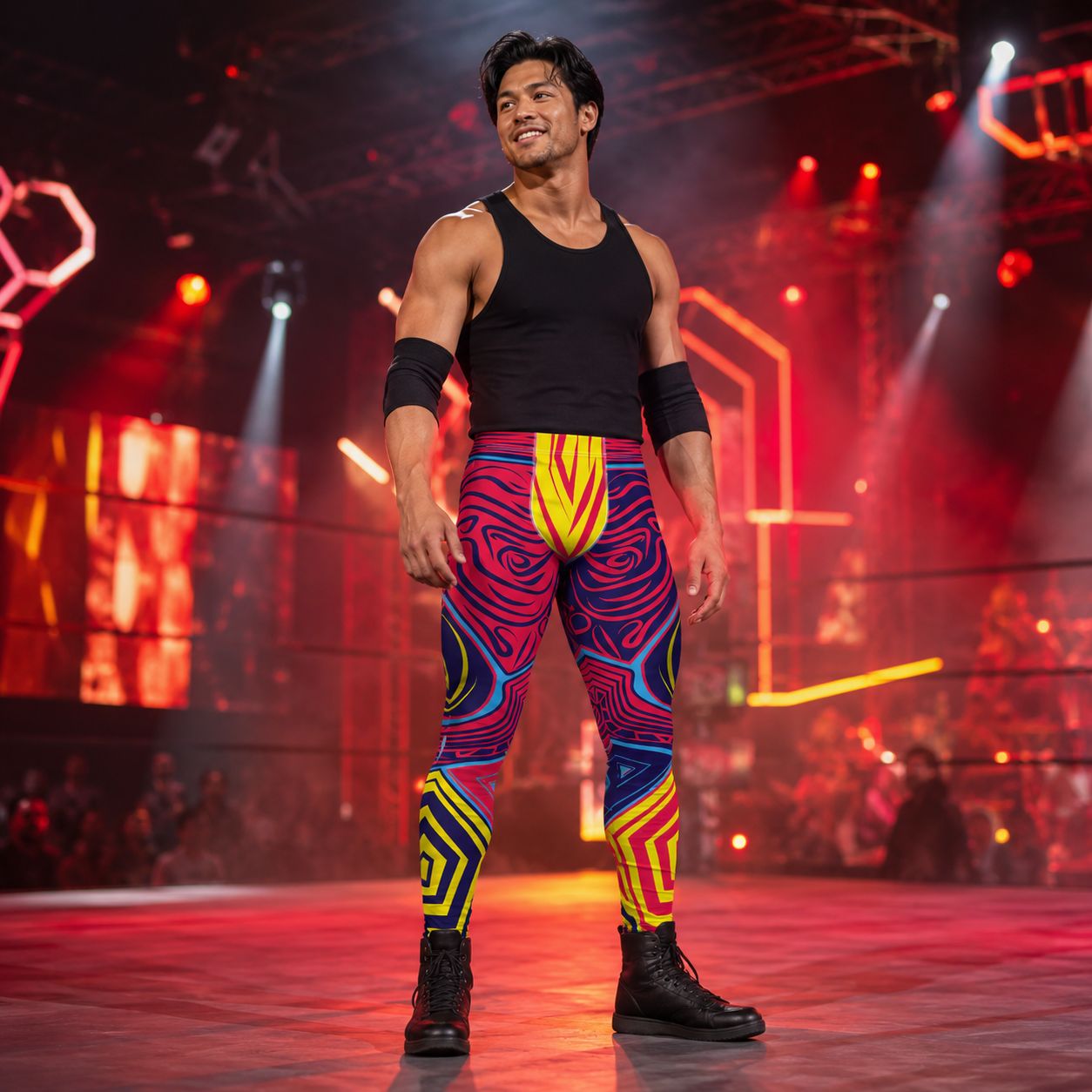man standing in wrestling arena wearing bold geometric lucha libre wrestling tights in geometric design in yellow, red, navy and blue.
