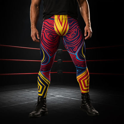 man wearing leggings in navy, yellow and red geometric design in a lucha libre style