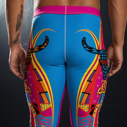 Bold lucha libre pro wrestling tights with abstract luchador designs on a dark background