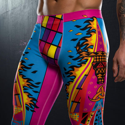 Bold lucha libre leggings in closeup with matador bull, fire and other luchador symbols on a dark background