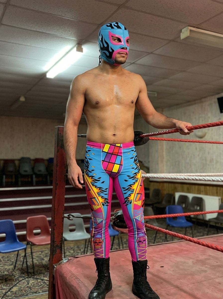 Person wearing luchador wrestling tights with matching mask, standing in in a ring.