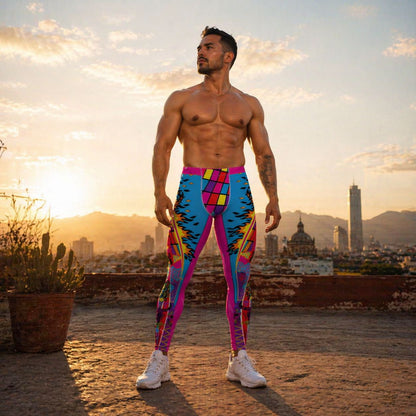 Man wearing bold lucha libre wrestling tights on a rooftop at sunset with a Mexican cityscape in the background