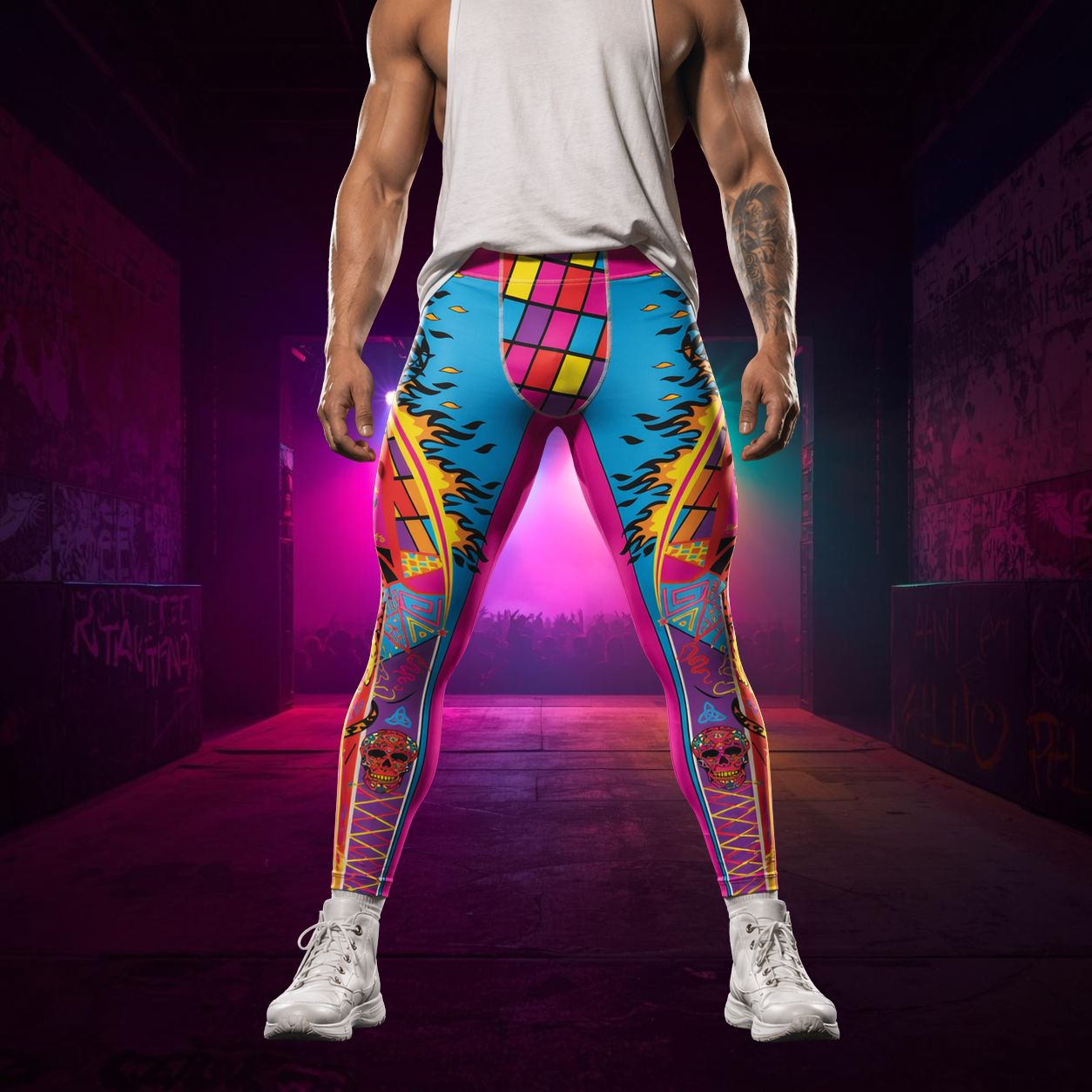 Person wearing bold lucha libre wrestling tights standing in an arena entrance tunnel