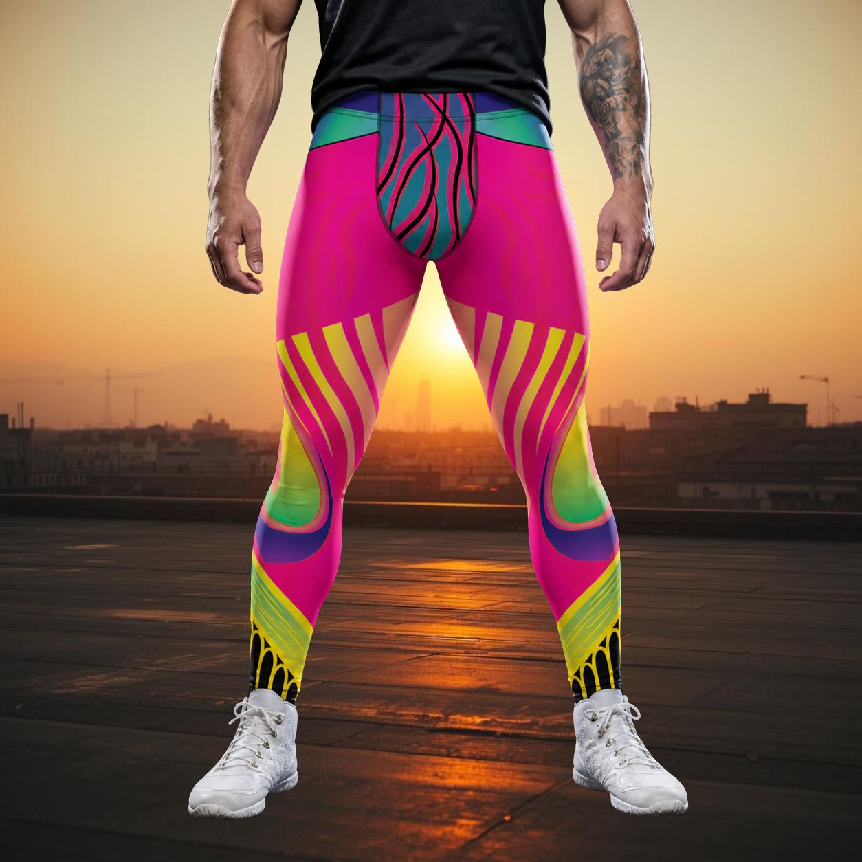 man wearing pink luchador wrestling tights standing on a mexican rooftop