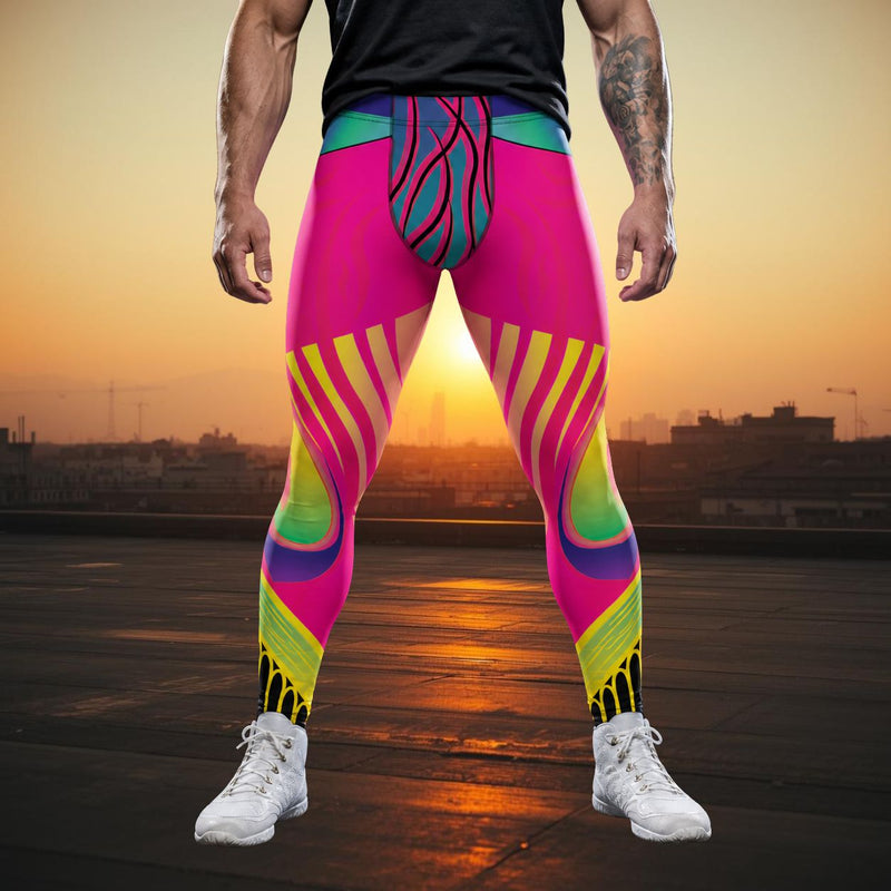 Lucha Libre men's wrestling leggings - bold pink, yellow and blue geometric panels