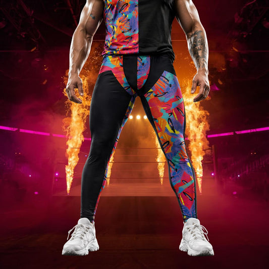 Person wearing bold retro wrestling pants with a fiery background