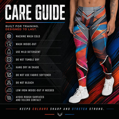 Bold pro wrestling tights in disruption style with a geometric pattern in a futuristic setting. Care guide.