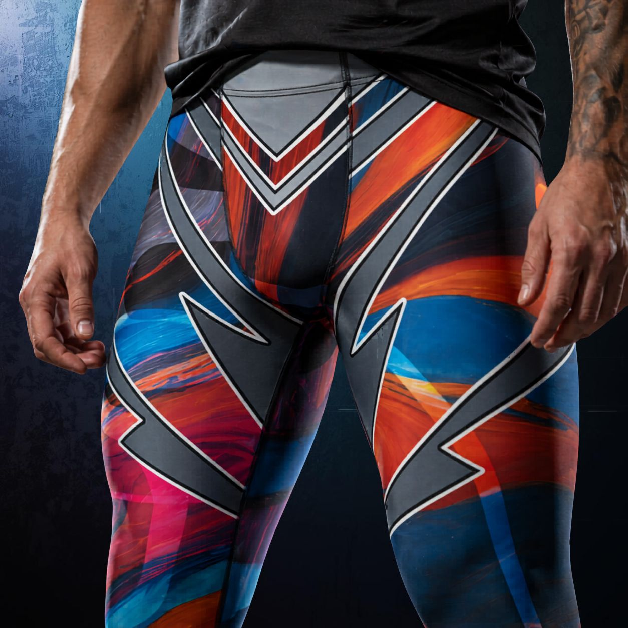 Bold athletic gym leggings with geometric pattern on a dark background