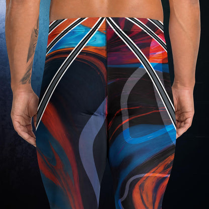 Person wearing bold pro wrestling tights in disruption style with a geometric pattern in a futuristic setting. Close up rear.