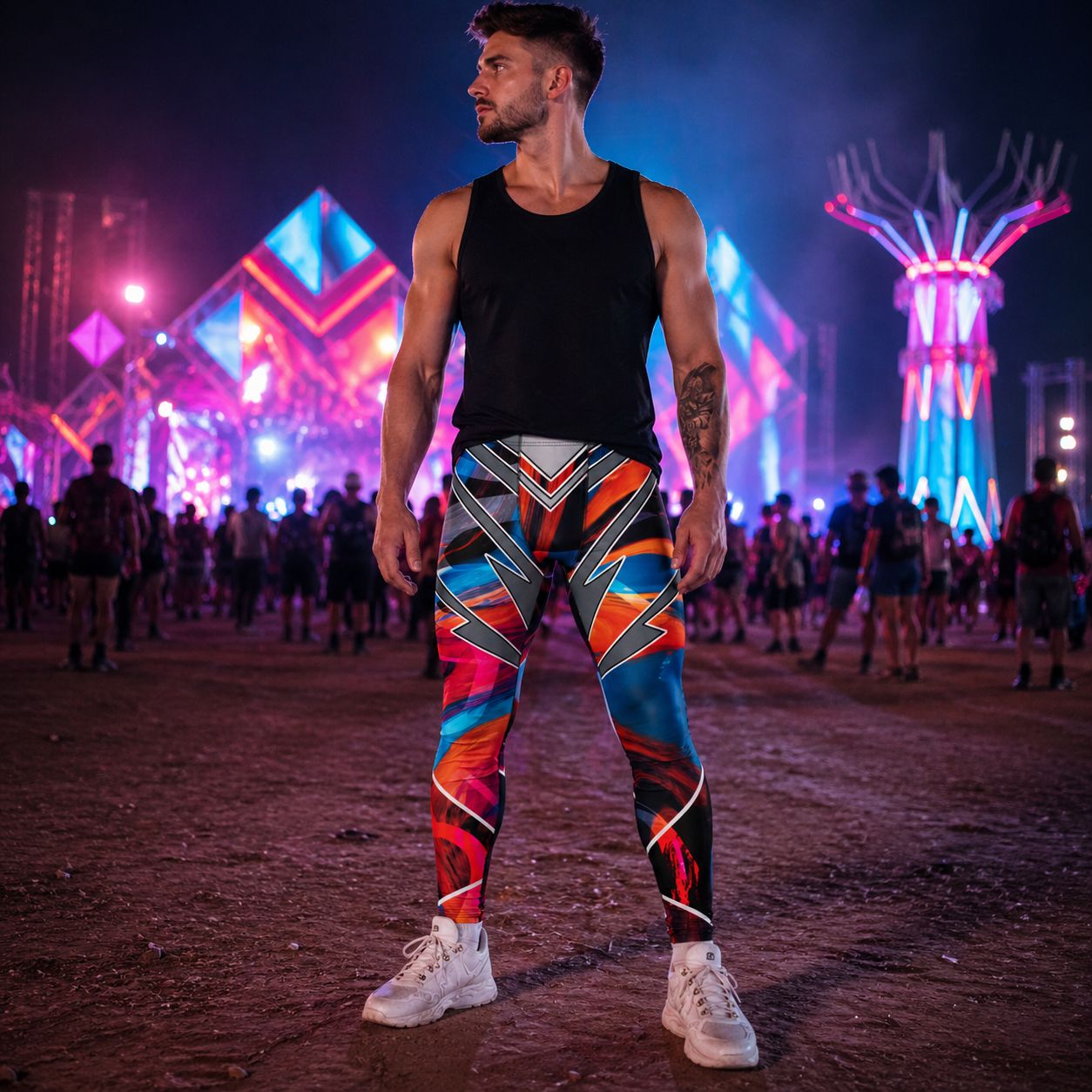 Person at music festival wearing cyberpunk pro wrestling tights in disruption style with a geometric pattern in a futuristic setting. 