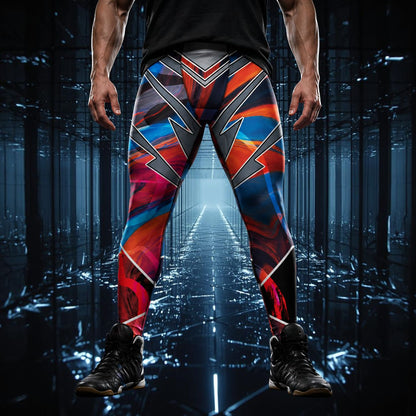 Person wearing bold pro wrestling tights in disruption style with a geometric pattern in a futuristic setting. Front view.