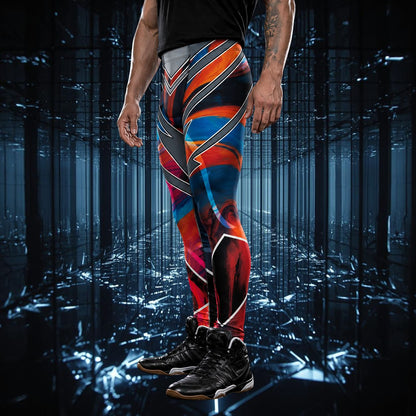 Person wearing bold pro wrestling tights in disruption style with a geometric pattern in a futuristic setting. Left view