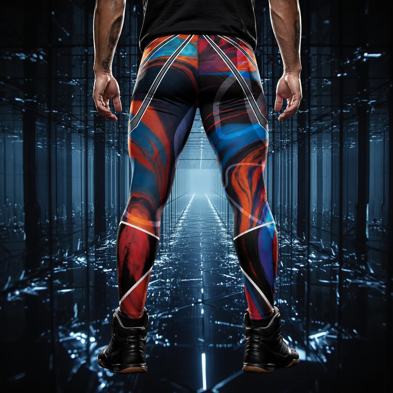 Person wearing bold pro wrestling tights in disruption style with a geometric pattern in a futuristic setting. Rear view