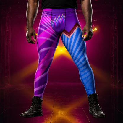 Man wearing bold leggings in geometric memphis style design with stripes and zigzags in blue, pink and purple