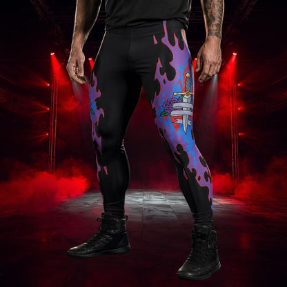 Person wearing black anime leggings with colorful flame design and a sword graphic, standing in a dark room with red lighting.