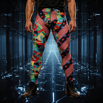 man wearing memphis design leggings in red, black and multicolour with geometric pattern, stripes and dots