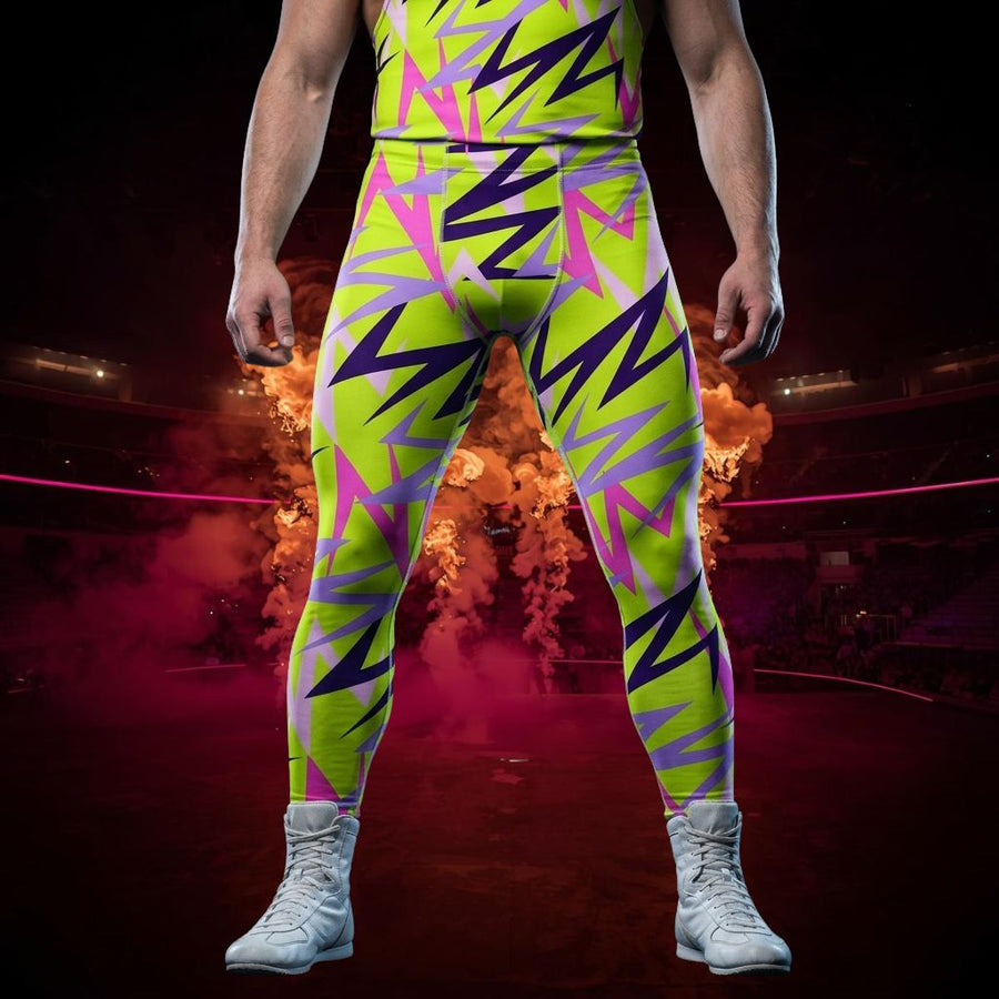 Person wearing a bold, multicolored wrestling outfit with geometric patterns on a dark background.