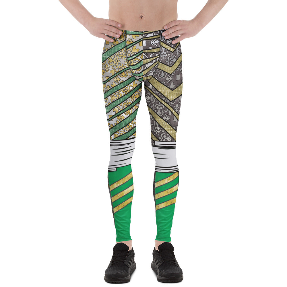 pro-wrestling tights in green, gold and silver with ethnic design 