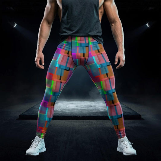 Person wearing colorful checkered gym leggings on a dark background