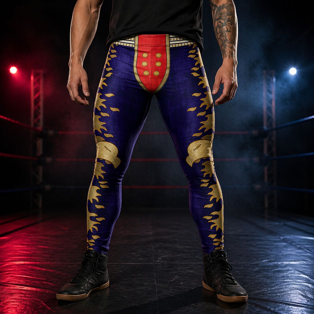 Person wearing bold patriotic american hero style wrestling pants in a dark arena with red lights.