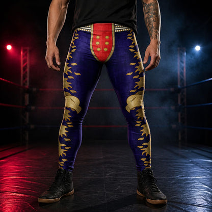 Person wearing bold patriotic american hero style wrestling pants in a dark arena with red lights.