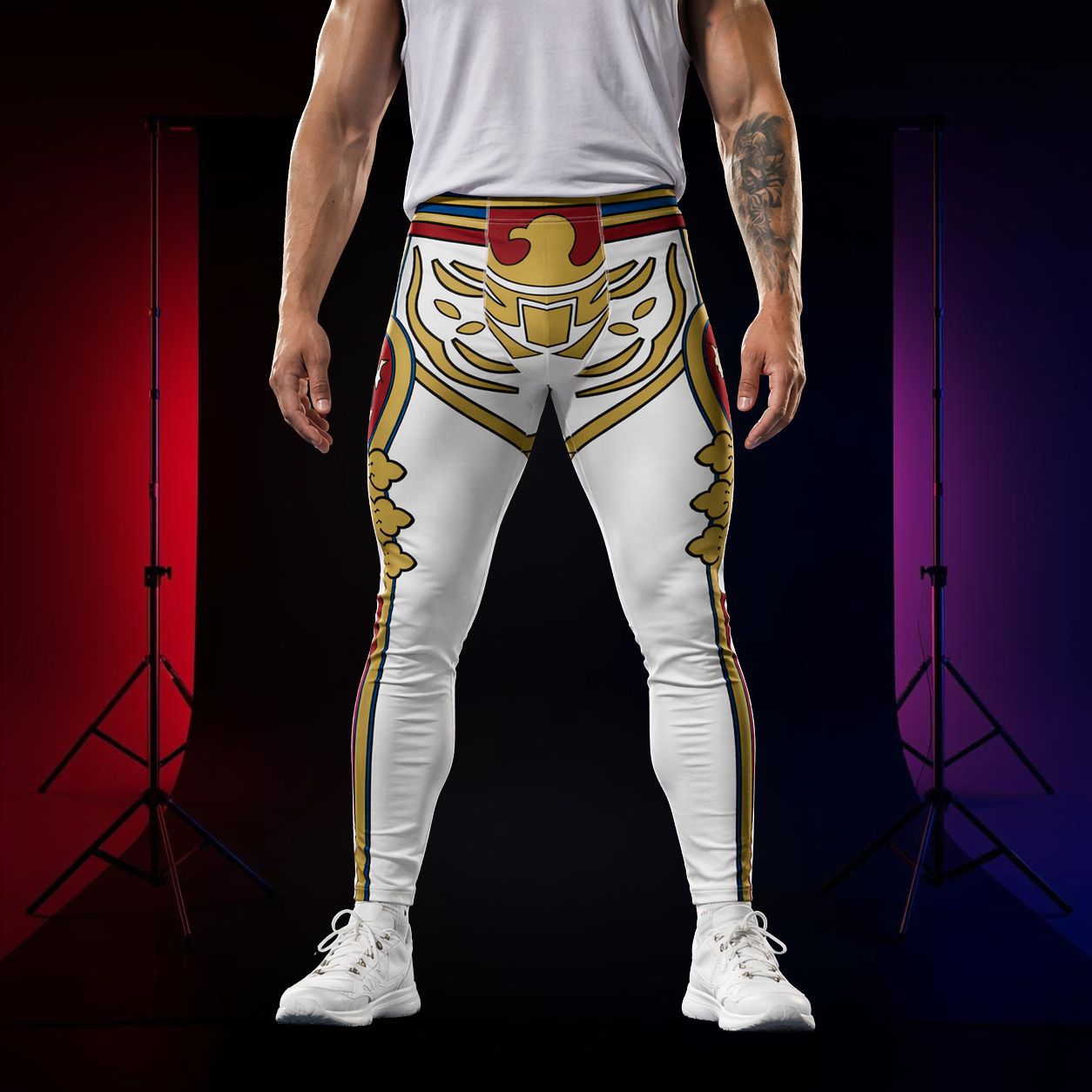 Person wearing a white retro style American military style leggings with eagle and colorful patterns on a dark background