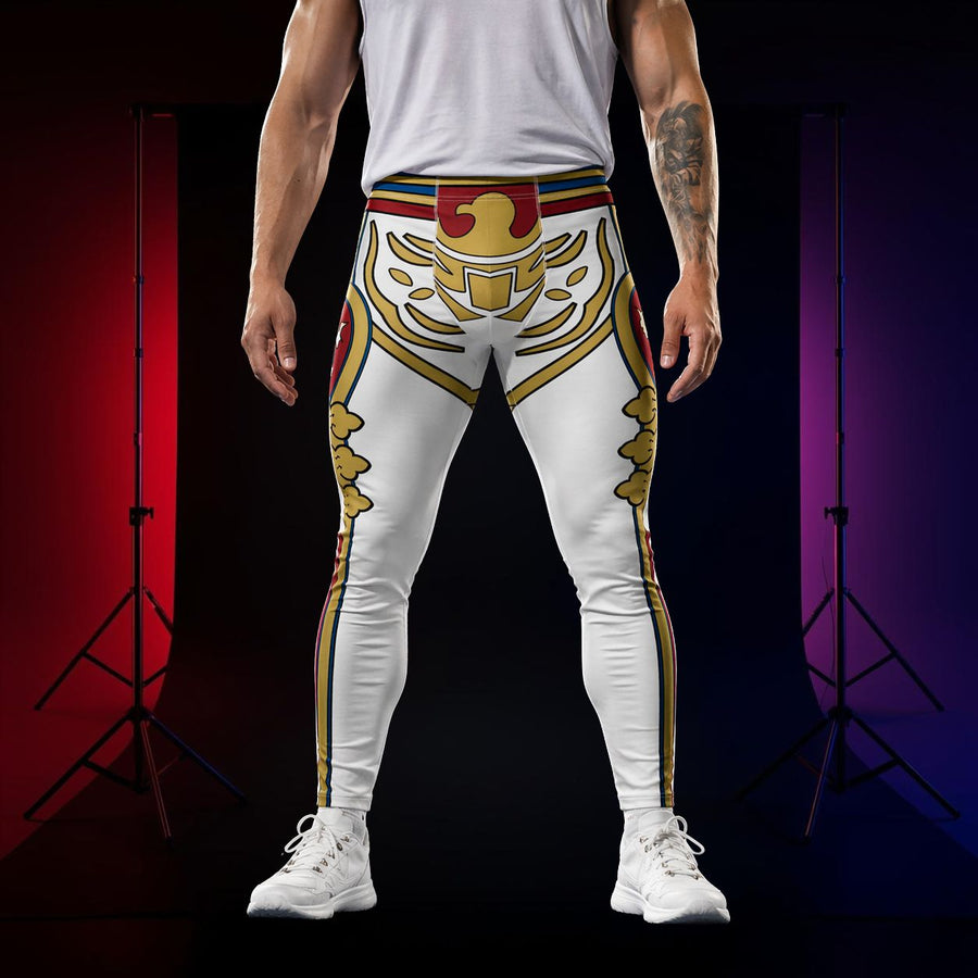 Person wearing a white retro style American military style leggings with eagle and colorful patterns on a dark background