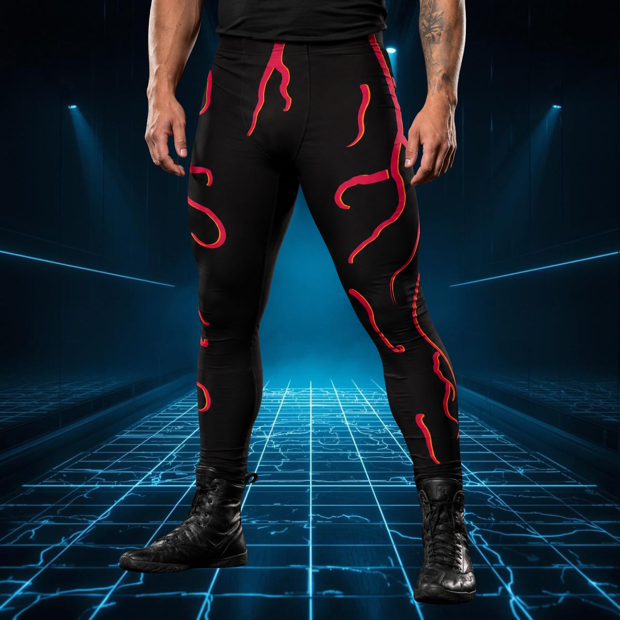 Person wearing black leggings with red designs on a futuristic grid background