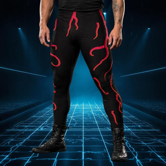 Person wearing black leggings with red designs on a futuristic grid background