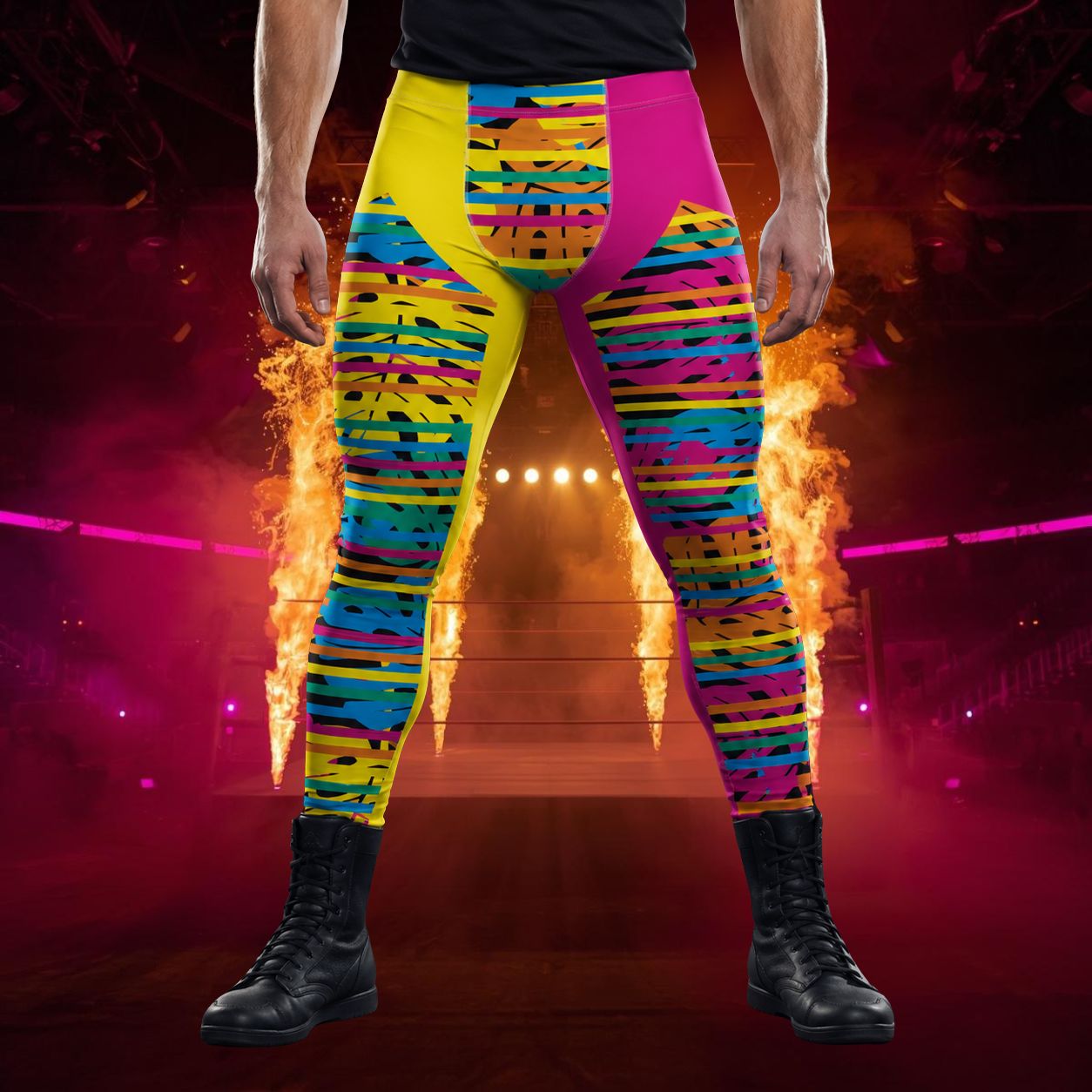 man wearing bold leggings in pink and yellow with insets containing striped monstera print