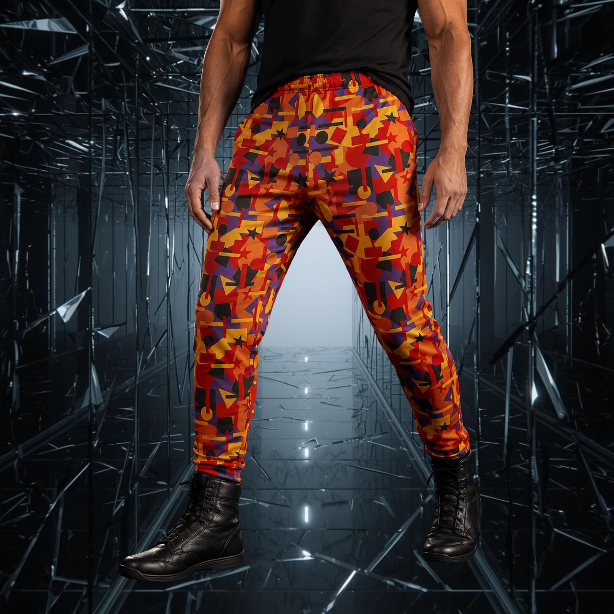 man wearing multicolored orange retro 80s Memphis style joggers