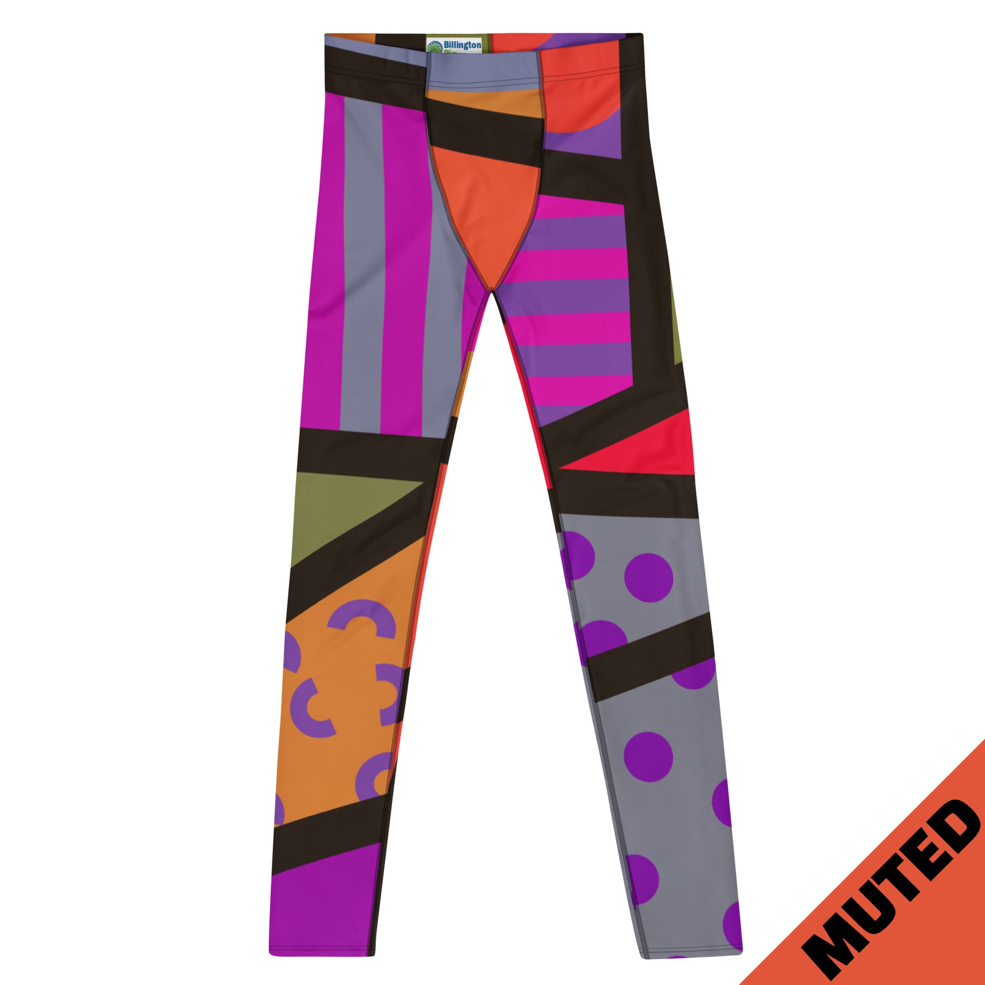 Geometric muted purple patterned leggings for men in muted tones of pink, blue, purple, orange, red with a black overlay on these unique mens compression pants meggings by BillingtonPix